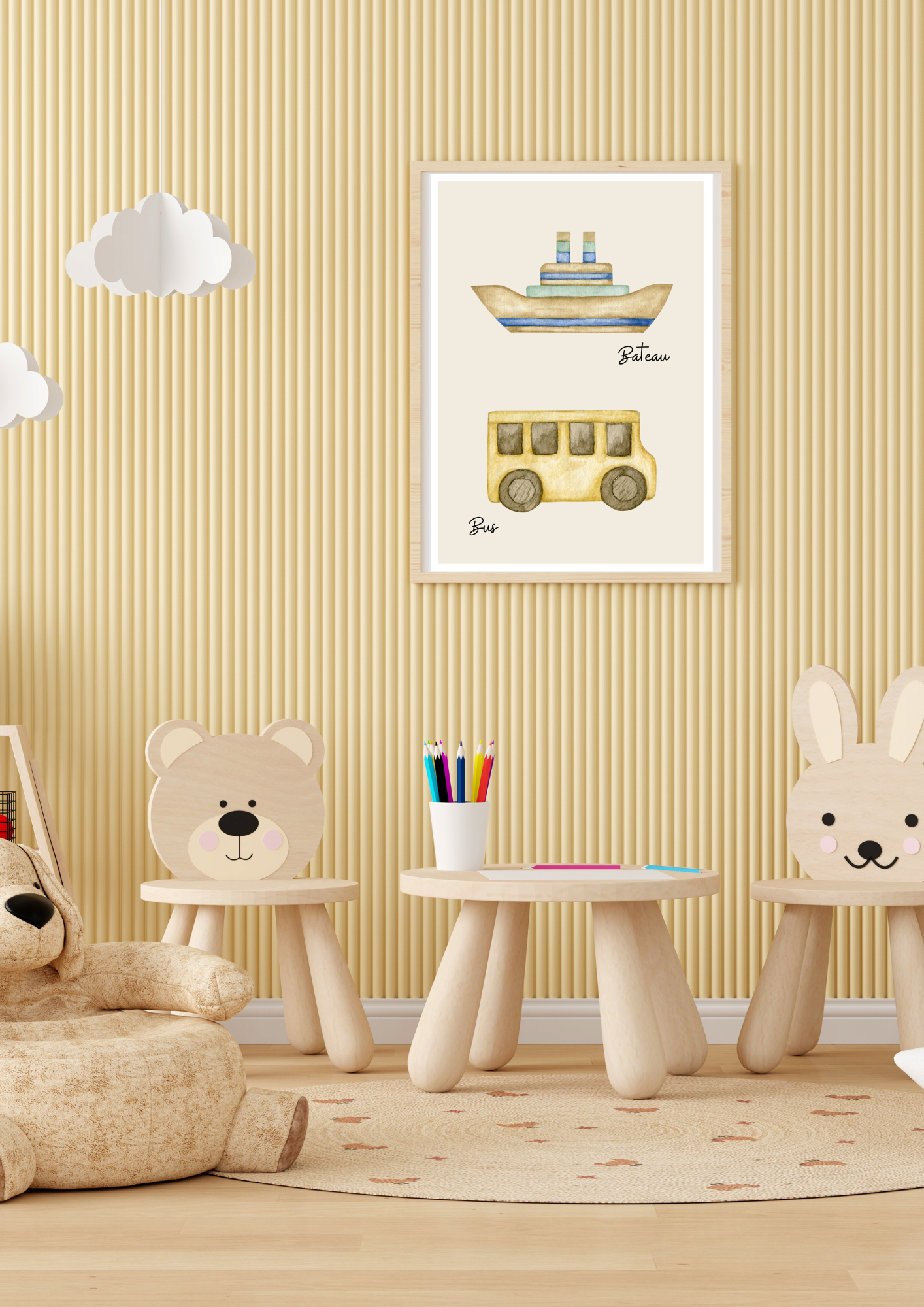affiche murale décoration chambre enfant, bateau et bus, moyens de transport