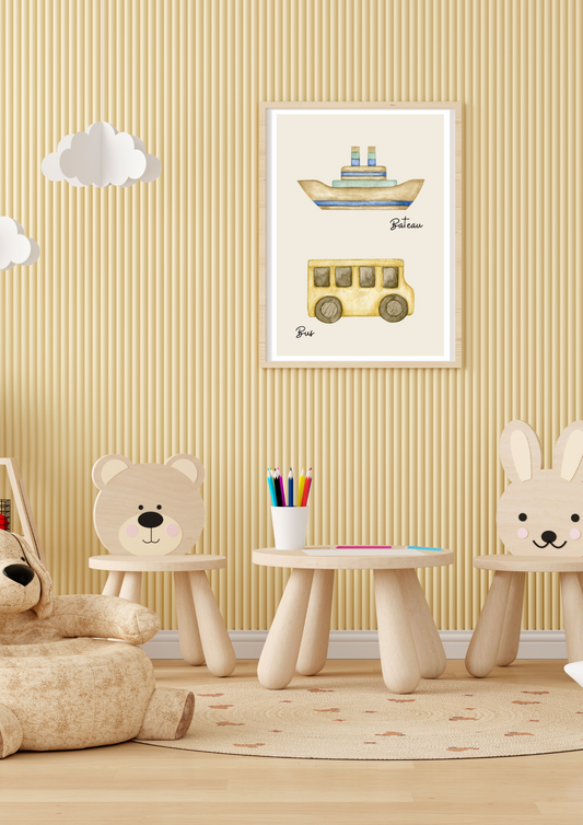 affiche murale décoration chambre enfant, bateau et bus, moyens de transport