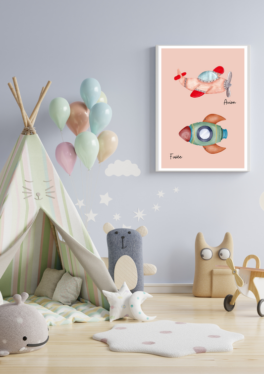affiche décorative moyen de transport, représentant une fusée et un avion aux couleurs vives. cette affiche apportera de la couleur à vos vos chambres d'enfants