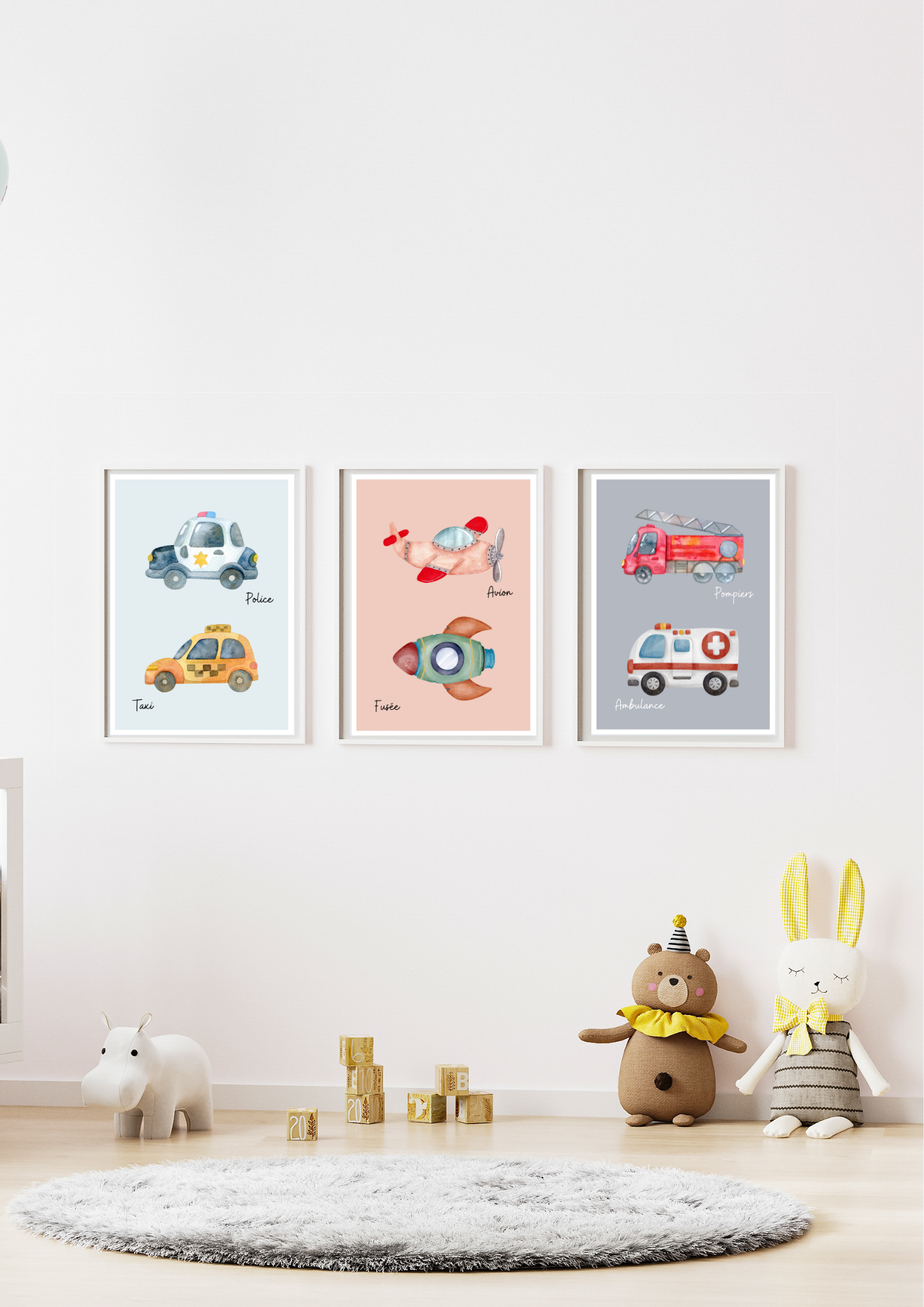 mur de 3 affiches décoratives, moyens de transport. Pour chambres d'enfants et bébés . Affiches colorées voitures, taxis, fusée, ambulance, pompiers