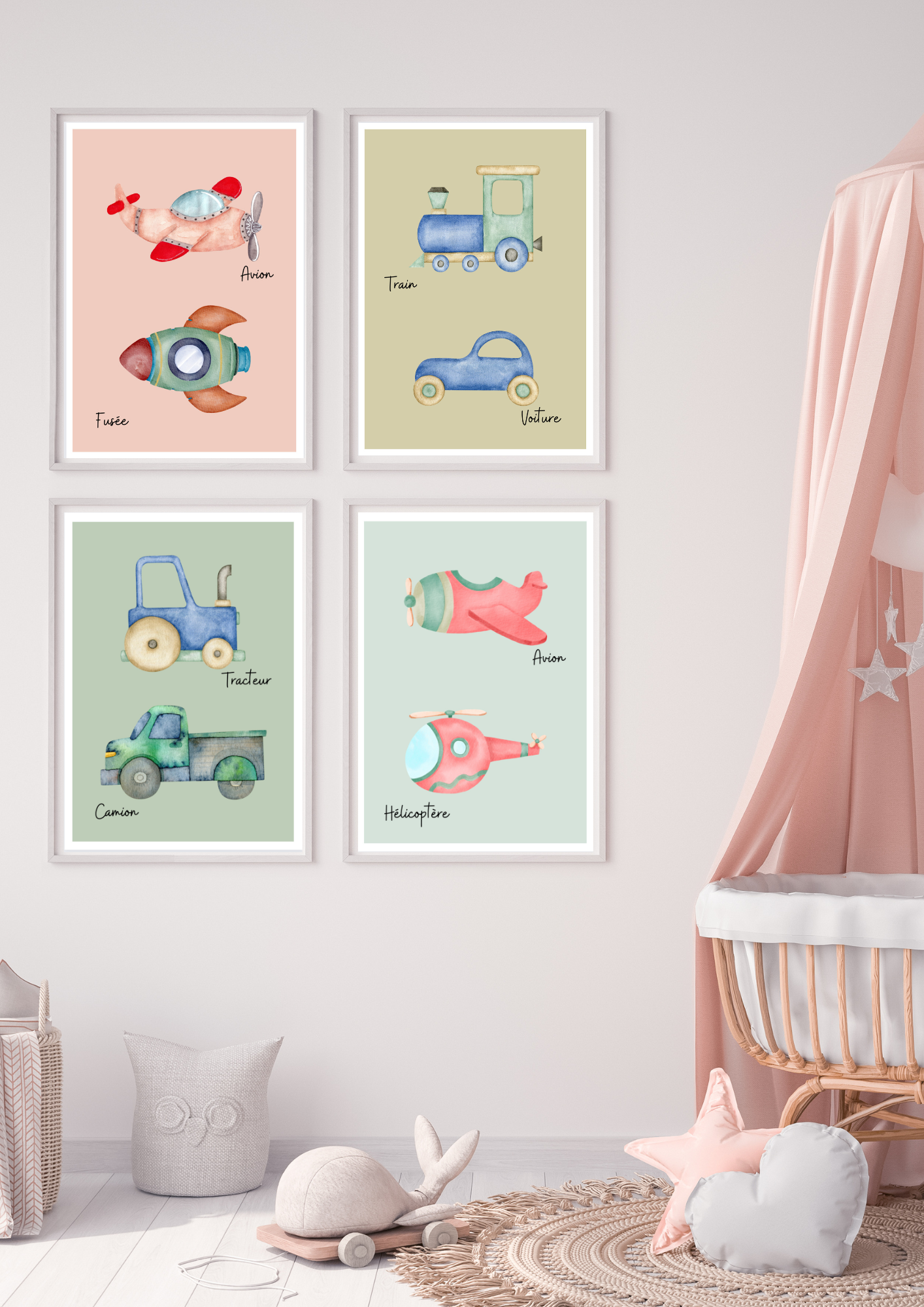 représentation d'art mural pour chambre d'enfants, 4 affiche représentant des moyens de transport. Affiche non personnalisable, imprimable