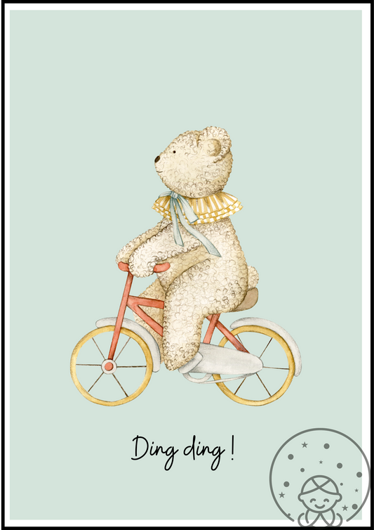 Affiche ourson à vélo. Décoration chambre bébé, vintage, bohème