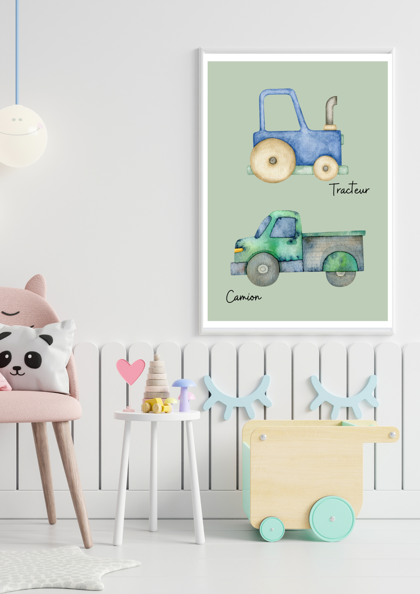 affiche numérique décoration espace enfant ou bébé. Illustration tracteur et camion, font vert, très coloré pour une chambre pep's