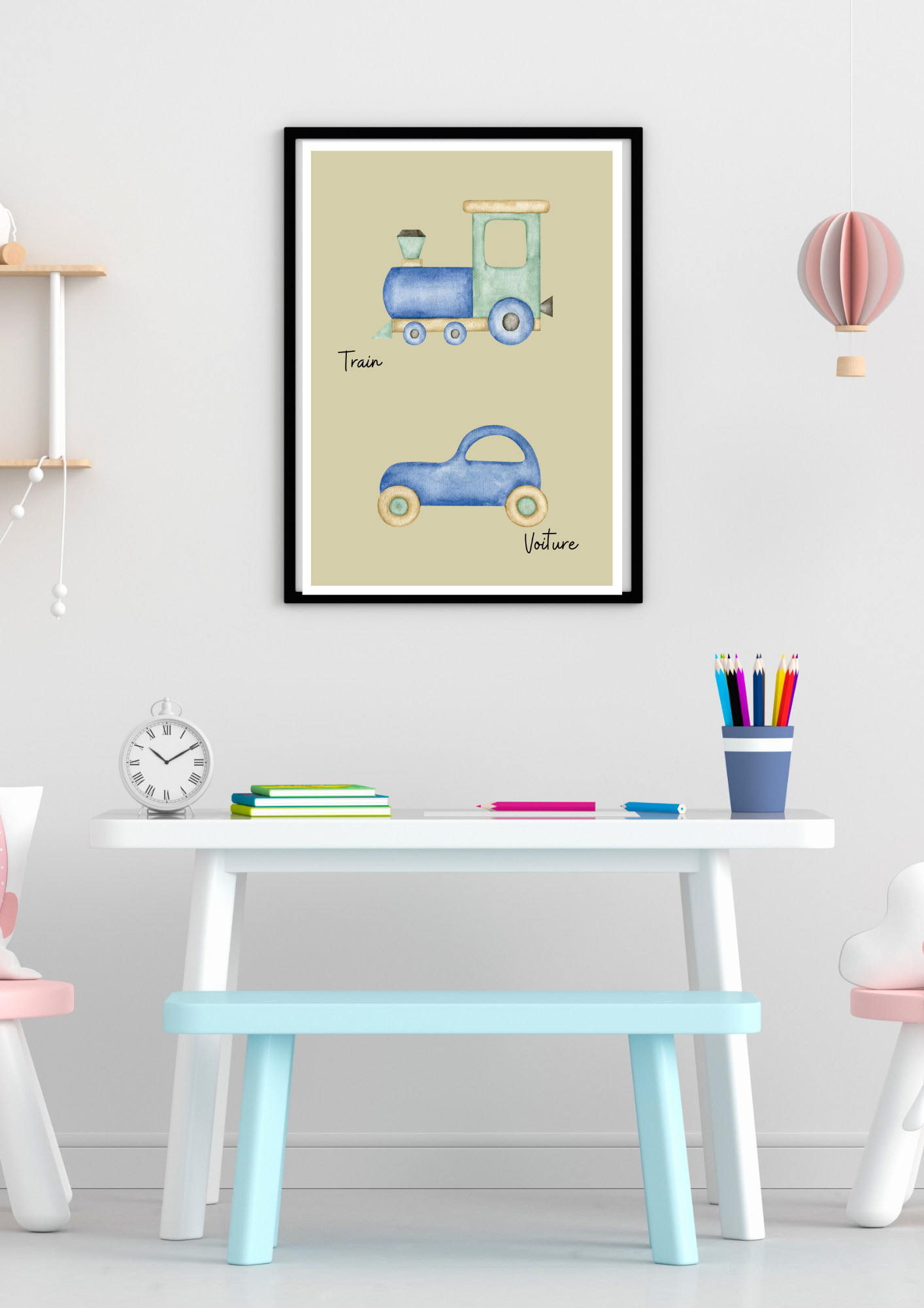 affiche décoration chambre d'enfant ou de bébé, transport locomotive et voiture bleu. A télécharger