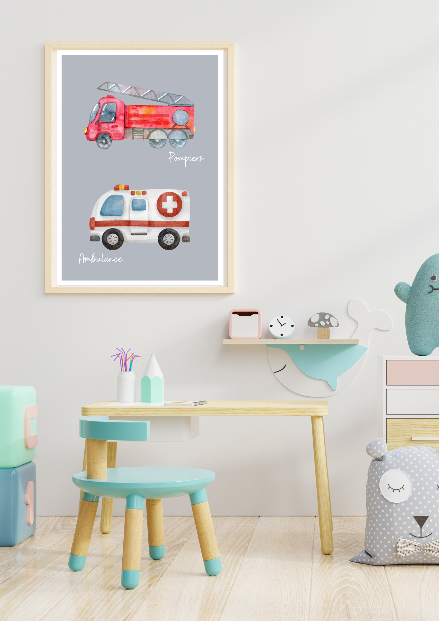 affiche numérique, décoration chambre enfant pompier et ambulance