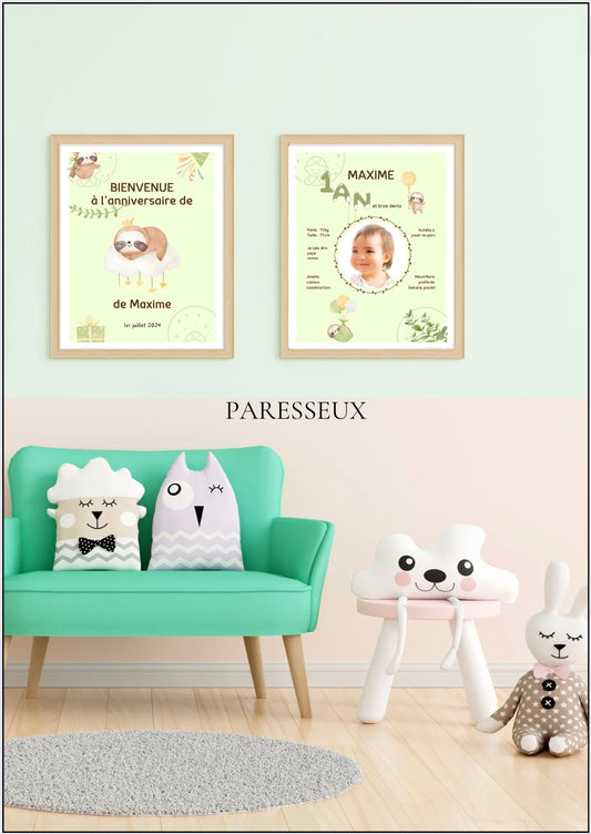 Affiches Duo Anniversaire Thème Paresseux⎥A Personnaliser