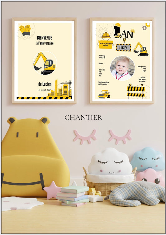 Affiches Duo Anniversaire Thème Chantier⎥A Personnaliser